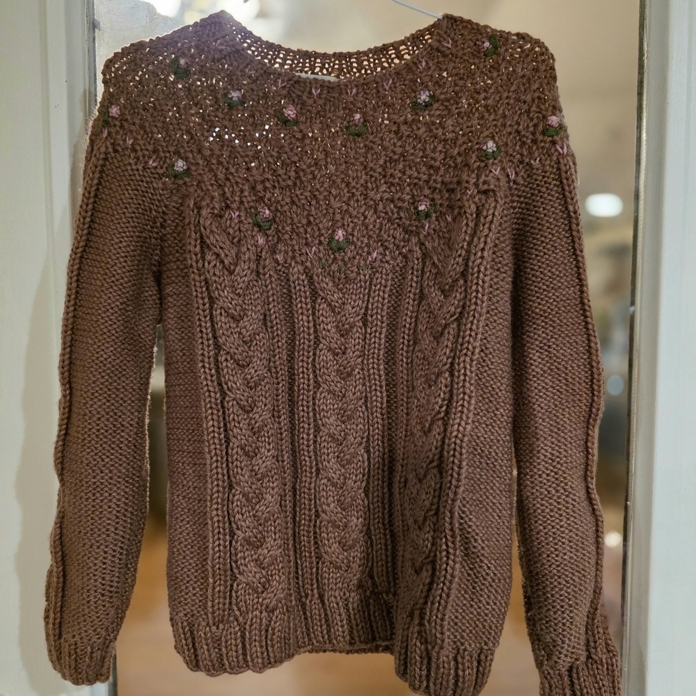 Vintage Brown Cable Knit Sweater Floral Accents Y2k Vtg MEDIUM womens